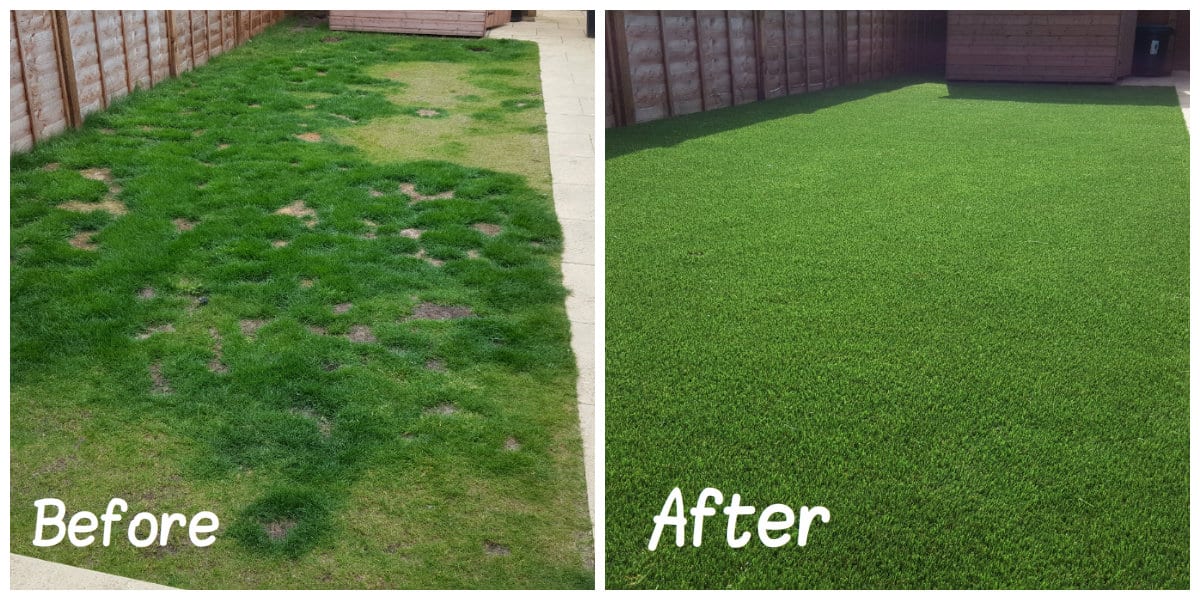 Before and after artificial grass installation in Canberra backyard